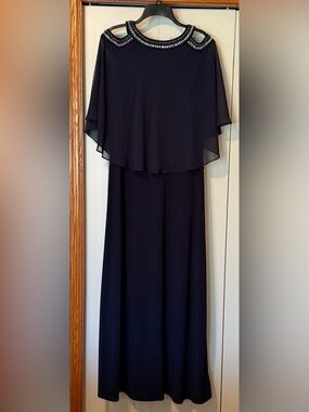 Elegant Navy Beaded Capelet Evening Gown